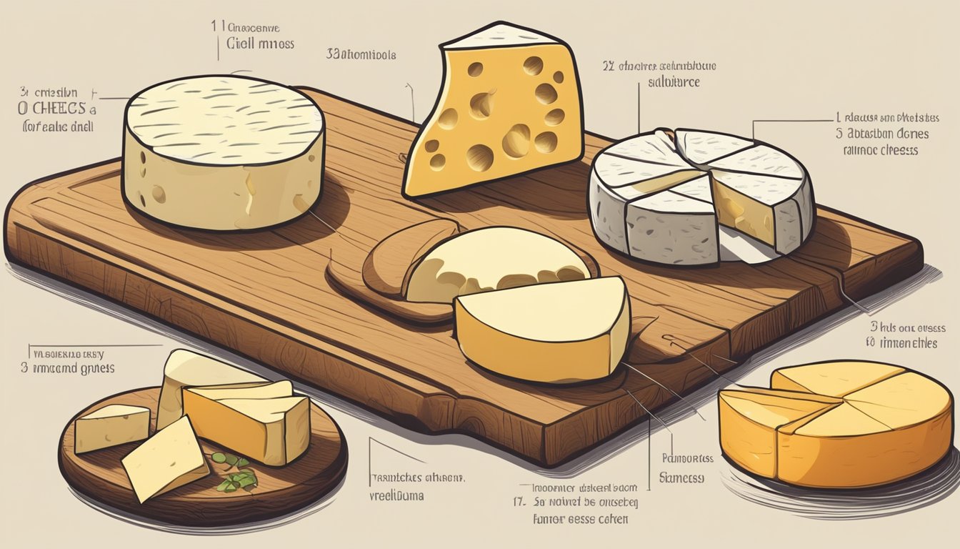 A selection of various cheeses laid out on a wooden board, including different types of substitute edam cheese, with labels indicating their names and origins