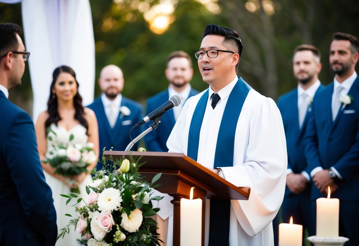 An officiant speaking at a wedding ceremony, standing at a podium with a microphone, surrounded by flowers and candles, with the couple and guests in the background