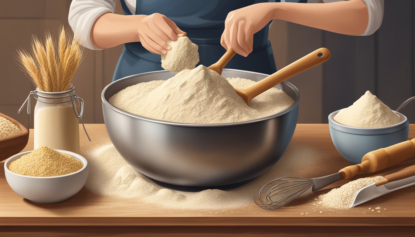 A baker pours einkorn flour from a bag into a mixing bowl, surrounded by various baking ingredients and utensils on a wooden countertop