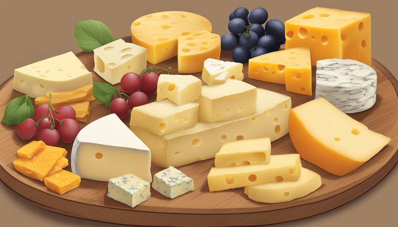 A platter with various cheese alternatives, including gouda, cheddar, and brie, arranged in a visually appealing display