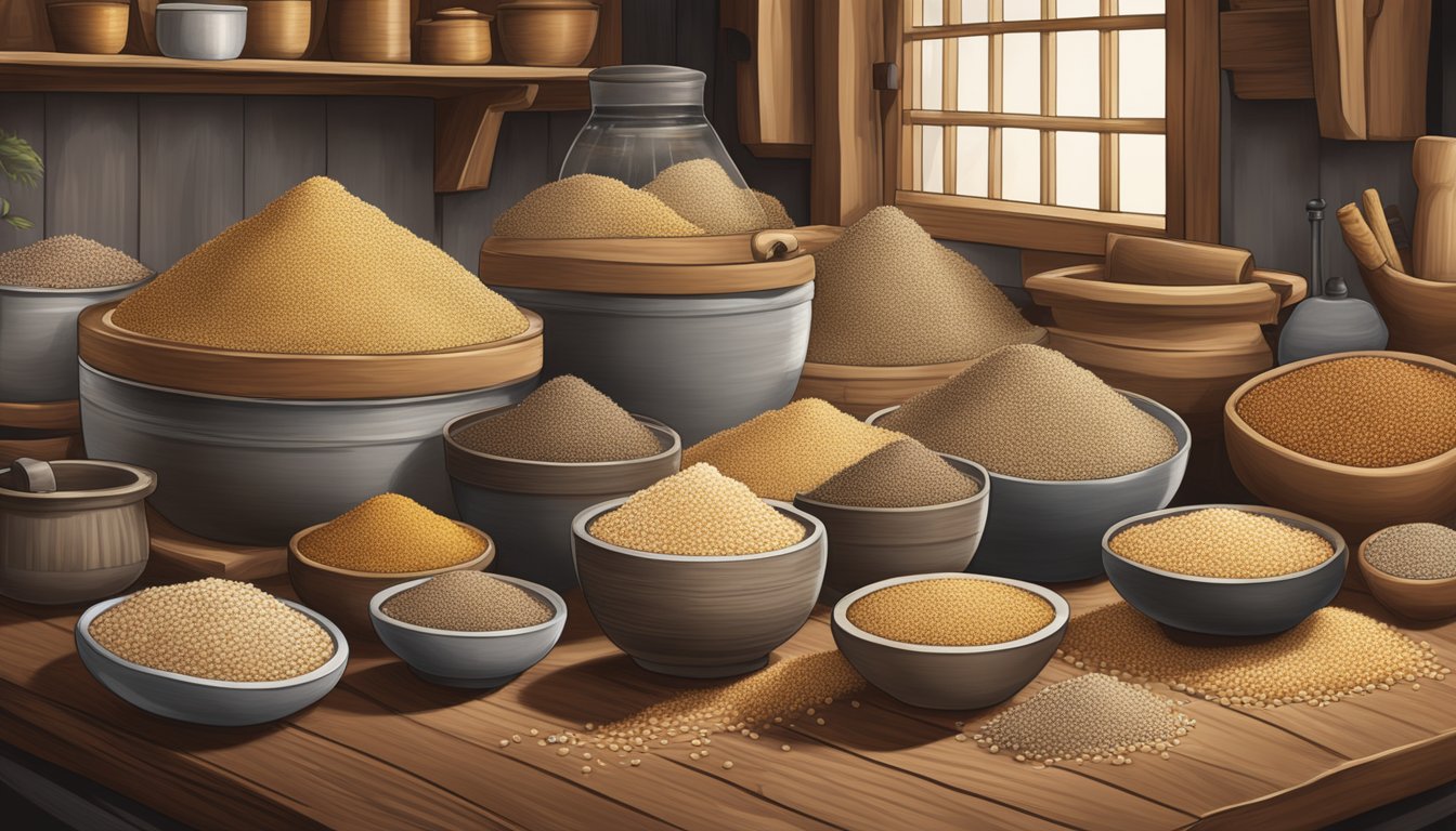 A variety of grains (quinoa, spelt, amaranth) arranged in a rustic kitchen setting