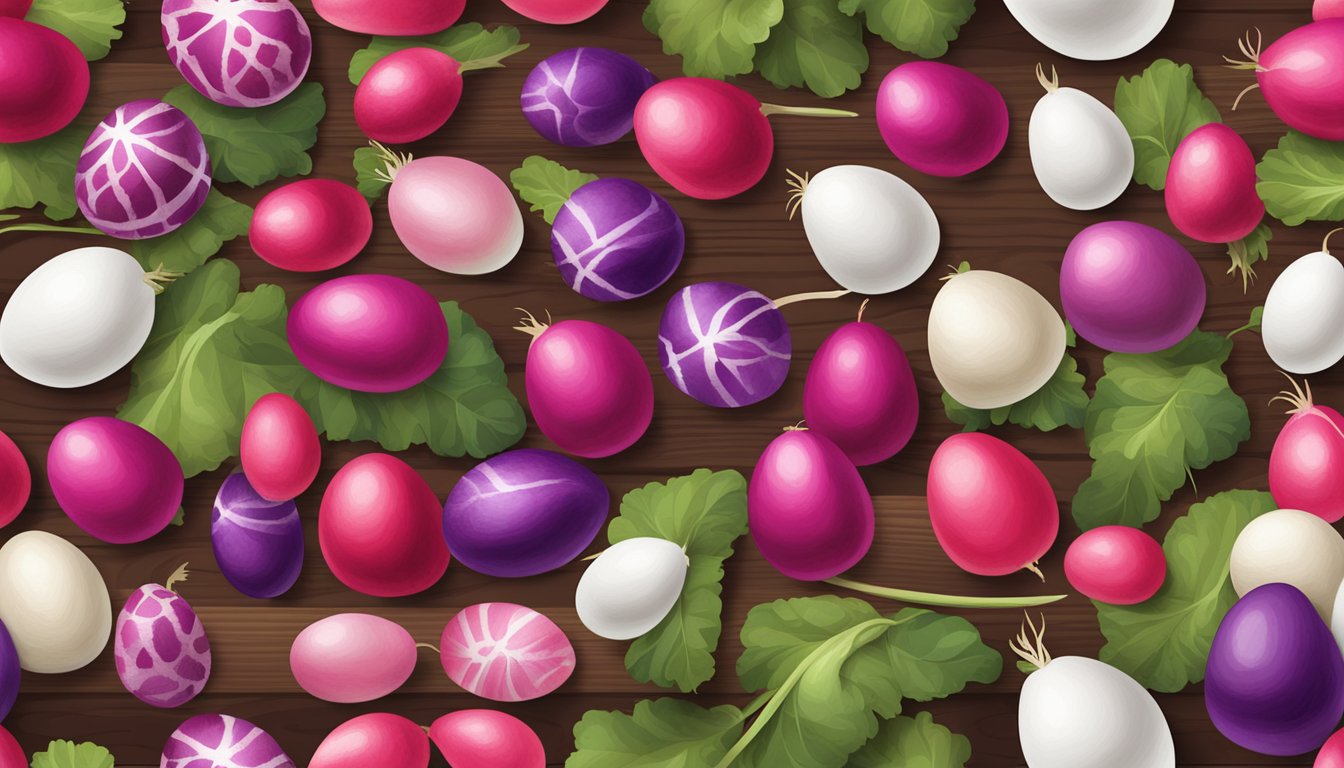 A vibrant assortment of easter egg radishes, including pink, purple, and white varieties, arranged on a wooden cutting board