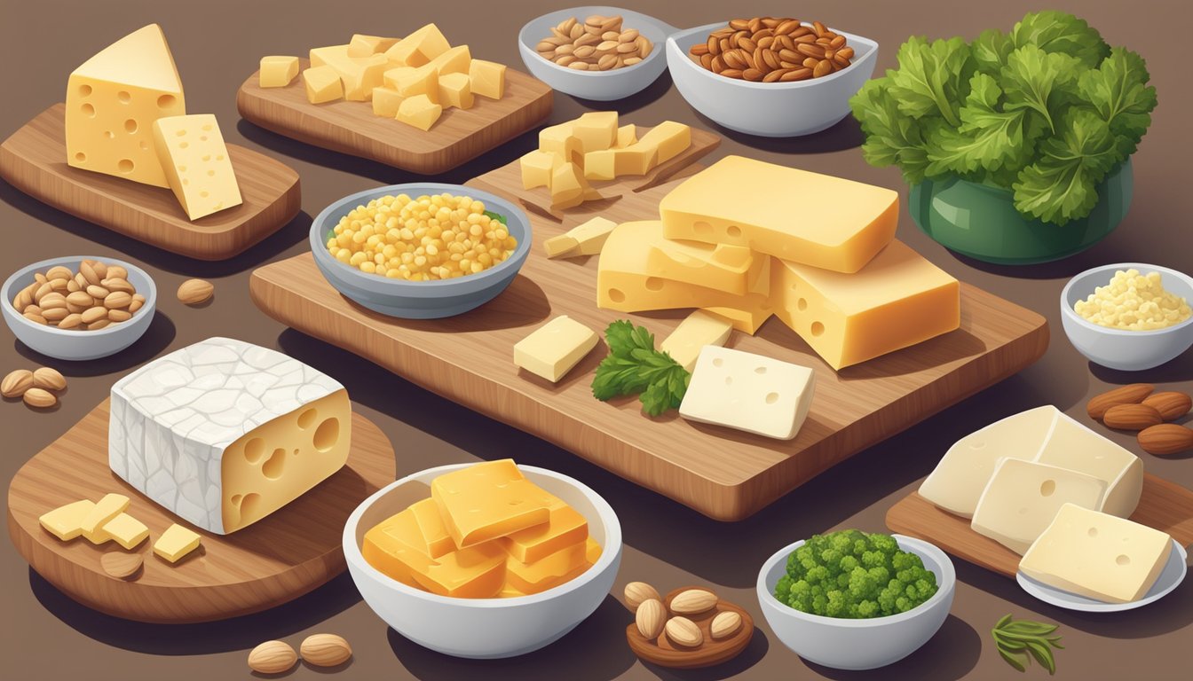 A wooden cutting board with a variety of cheese alternatives, such as tofu, nuts, and vegetables, arranged in an appetizing display