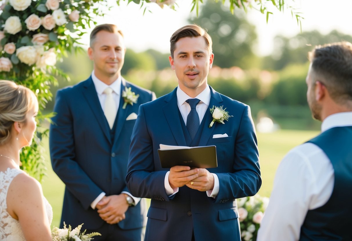 An officiant standing at the front of a wedding ceremony, speaking to the couple, with a backdrop of flowers and a serene setting