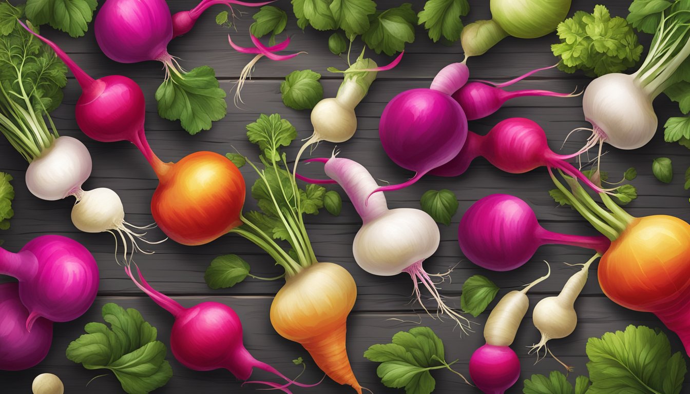 A variety of colorful and uniquely shaped radishes arranged on a rustic wooden table, surrounded by vibrant herbs and other fresh produce