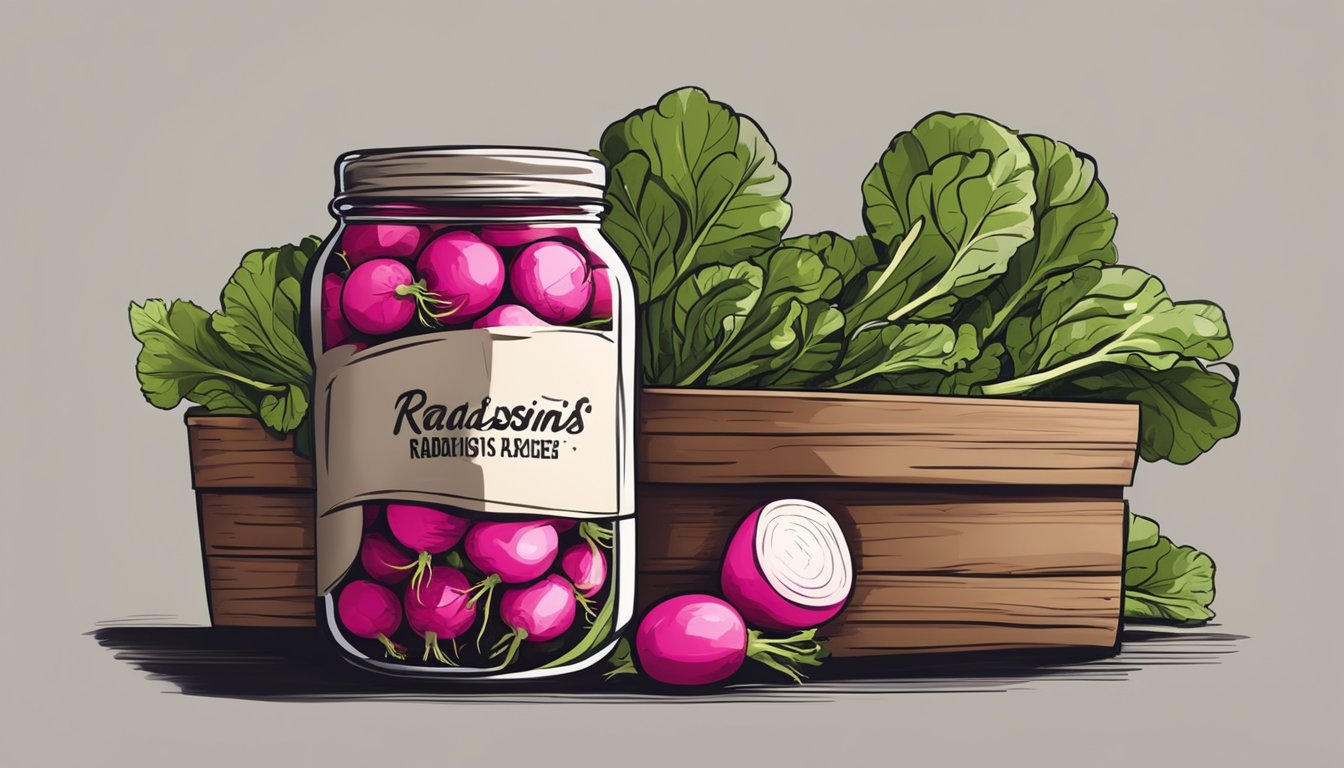 Fresh radishes wrapped in paper, stored in a cool, dark cellar. A jar of pickled radishes sits on a wooden shelf