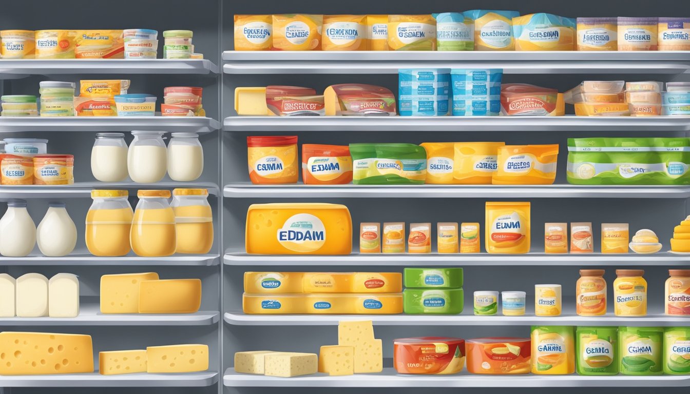 A refrigerator filled with various edam cheese substitutes and labeled with their respective shelf lives