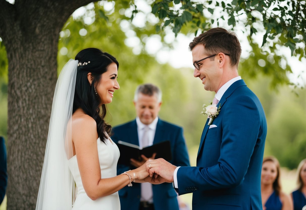 A simple outdoor ceremony under a tree with two figures exchanging rings