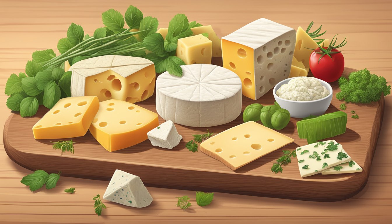 A variety of cheese alternatives, including edam substitutes, displayed on a wooden cutting board with accompanying crackers and fresh herbs