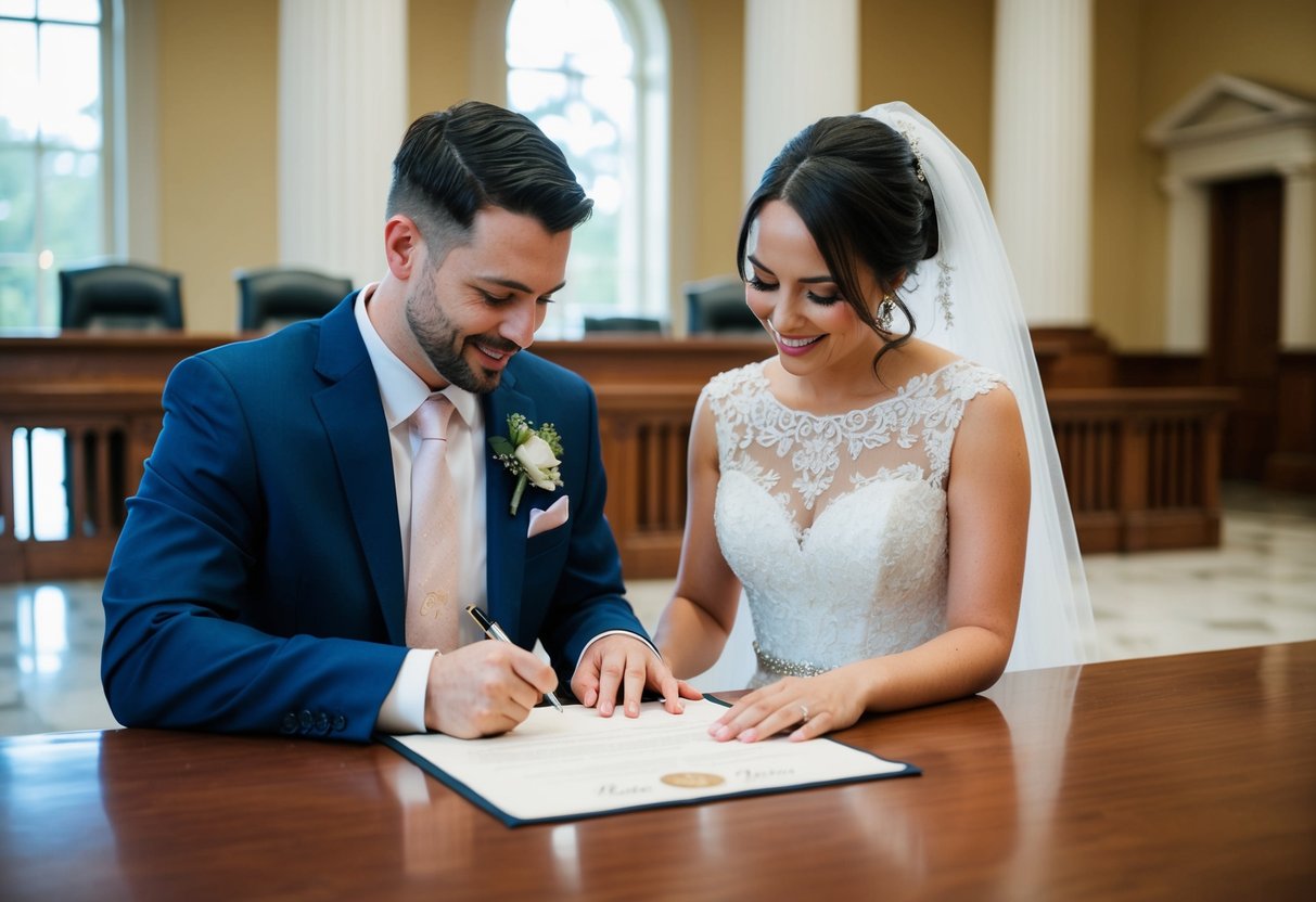 A couple signing a marriage certificate at a courthouse