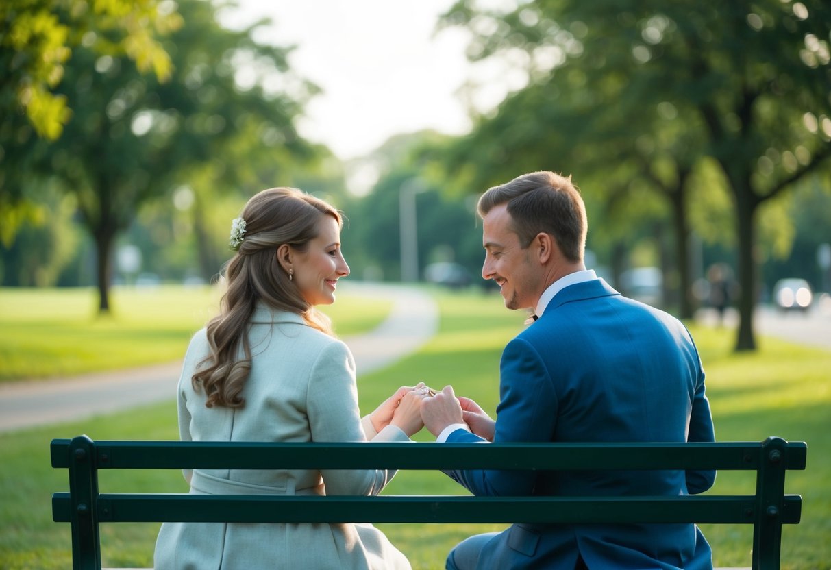 A couple sitting together on a park bench, exchanging rings and sharing a quiet, intimate moment without the traditional fanfare of a wedding ceremony