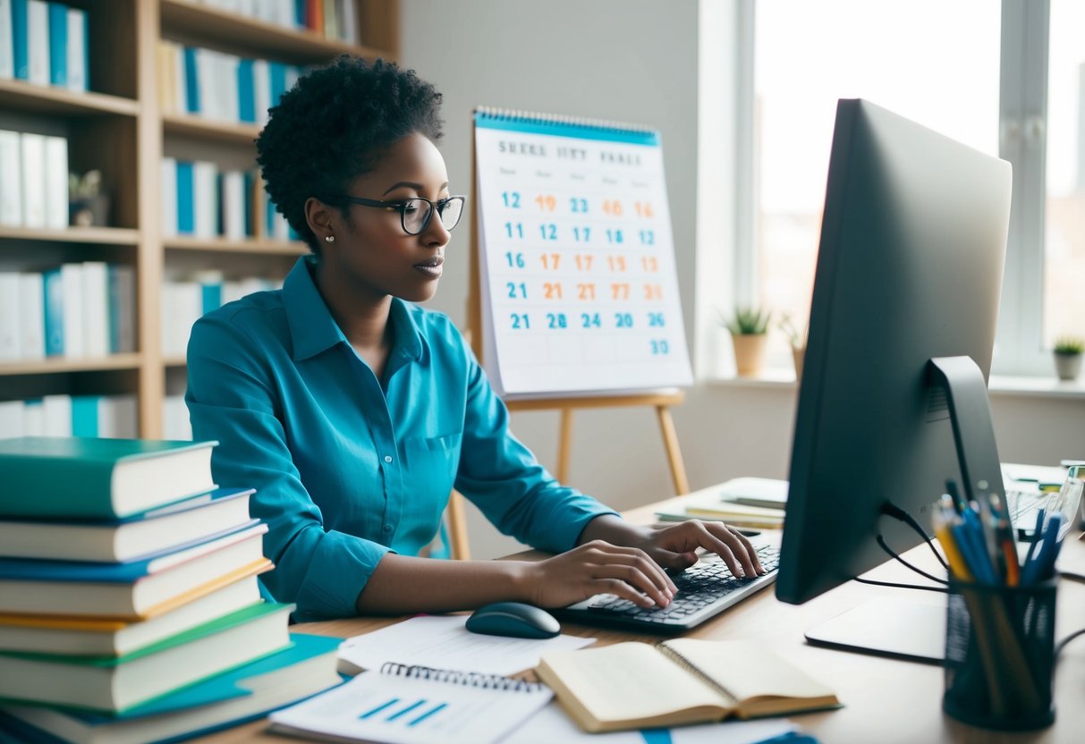 A person researching on a computer, surrounded by medical books and notes, with a calendar showing years of study and exams