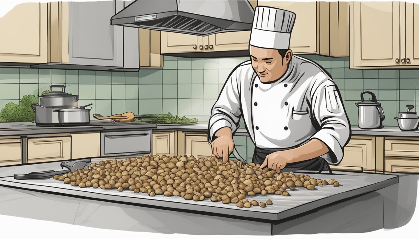 A chef slicing and roasting large cloves of elephant garlic as an alternative ingredient in a bustling kitchen