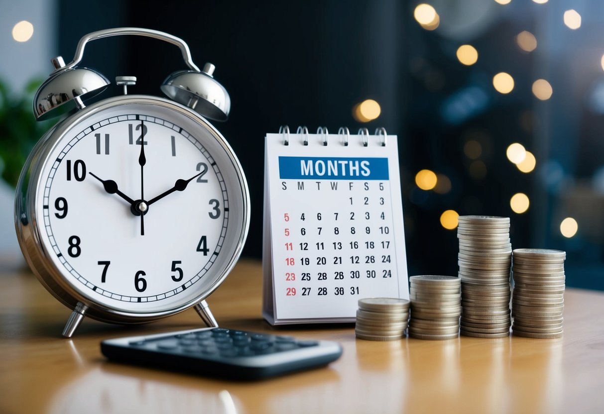 A clock with hands pointing to 5 and 12, a calendar showing months passing, and a stack of coins representing financial aspects