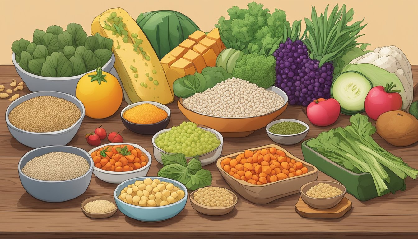 A variety of eddoe substitutes arranged on a wooden table, including tofu, lentils, quinoa, and tempeh. A colorful array of fruits and vegetables in the background