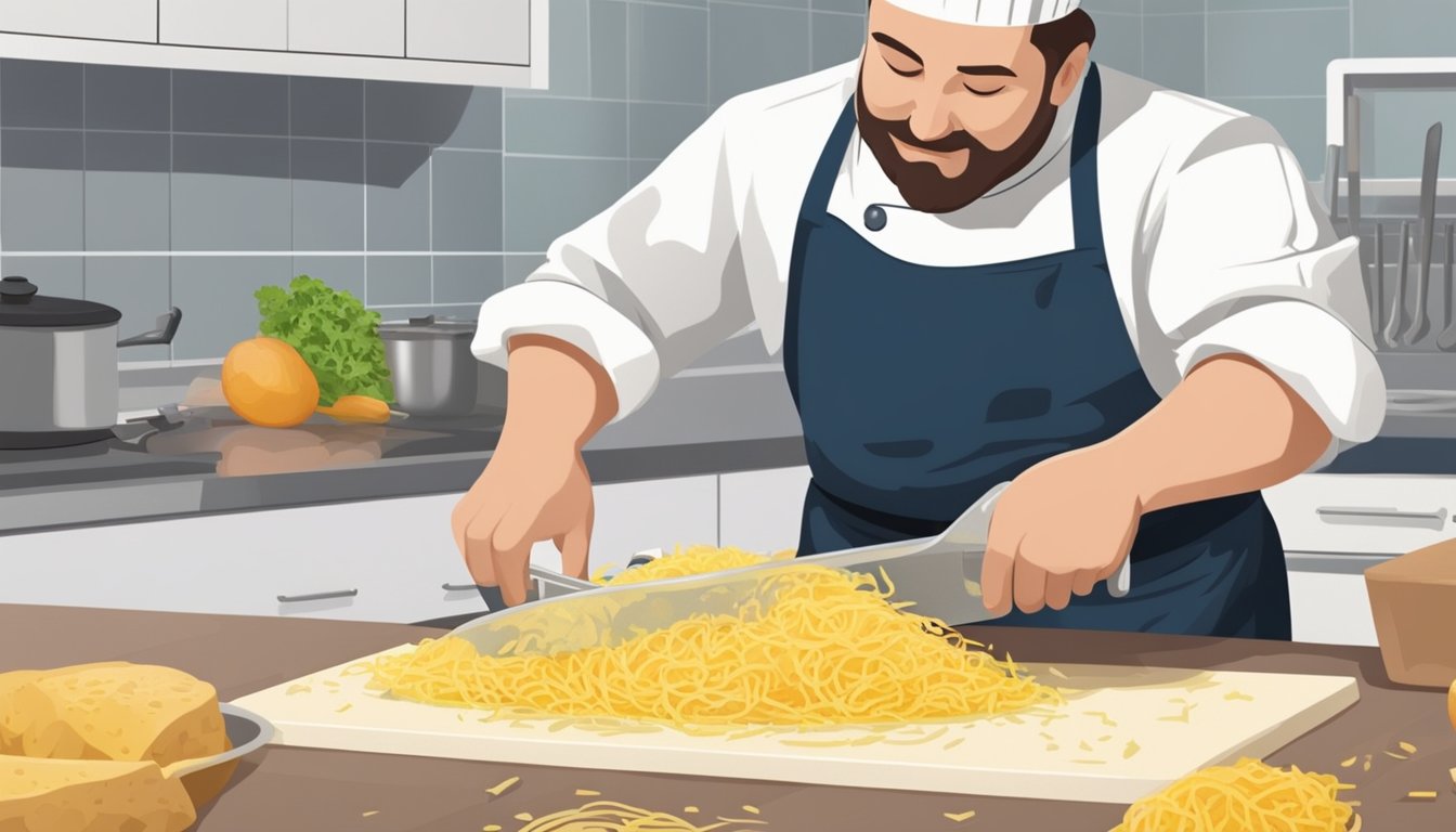 A chef slicing and grating eddoes as a substitute for potatoes in a kitchen