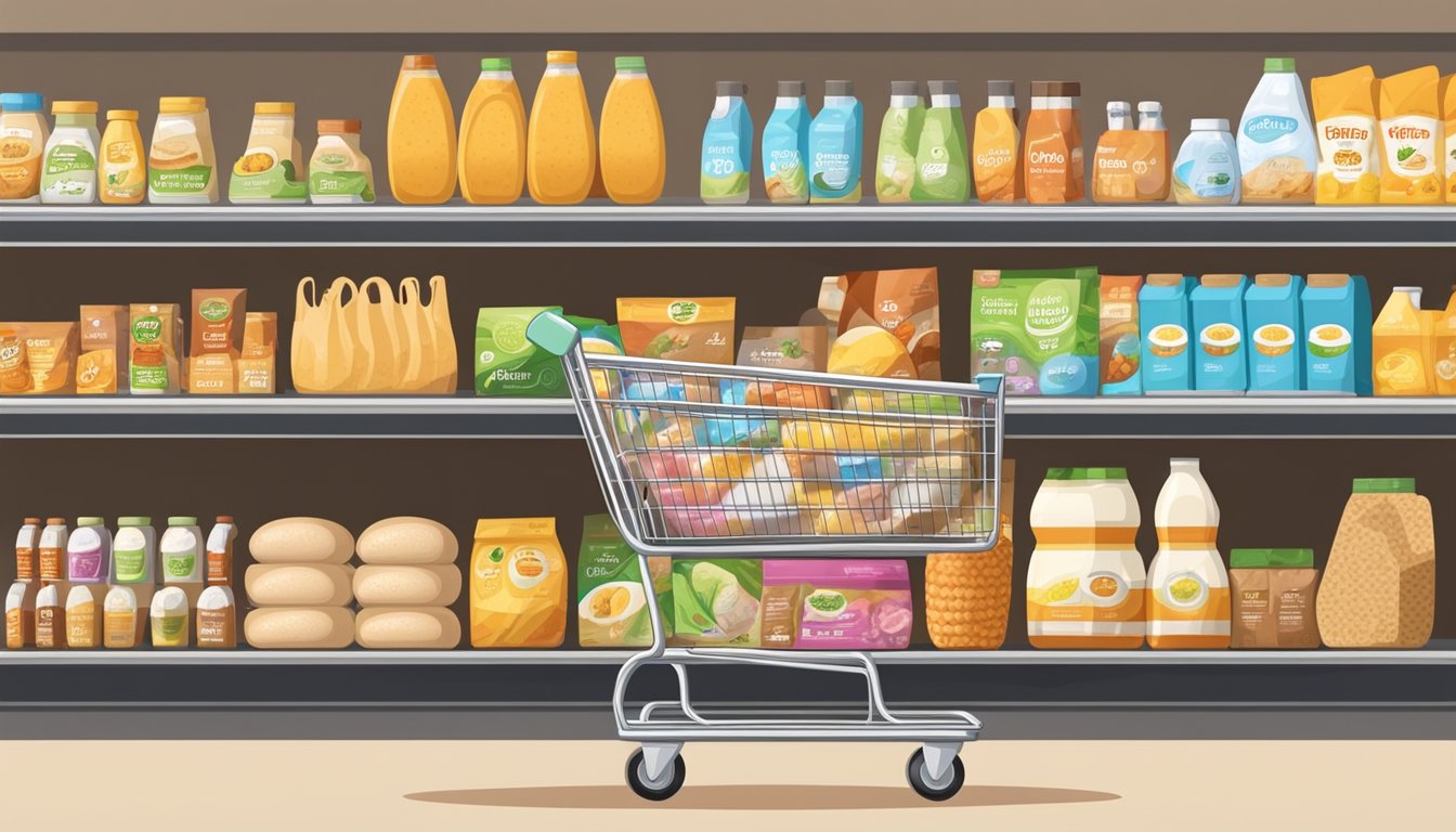 A shopping cart filled with various egg substitute products in front of a display of different brands and types on a grocery store shelf