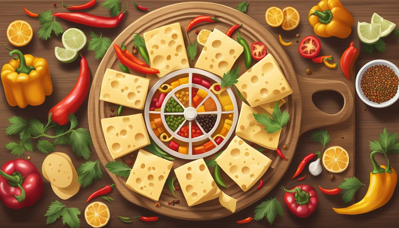 A wheel of enchilado cheese surrounded by colorful spices and peppers on a wooden cutting board