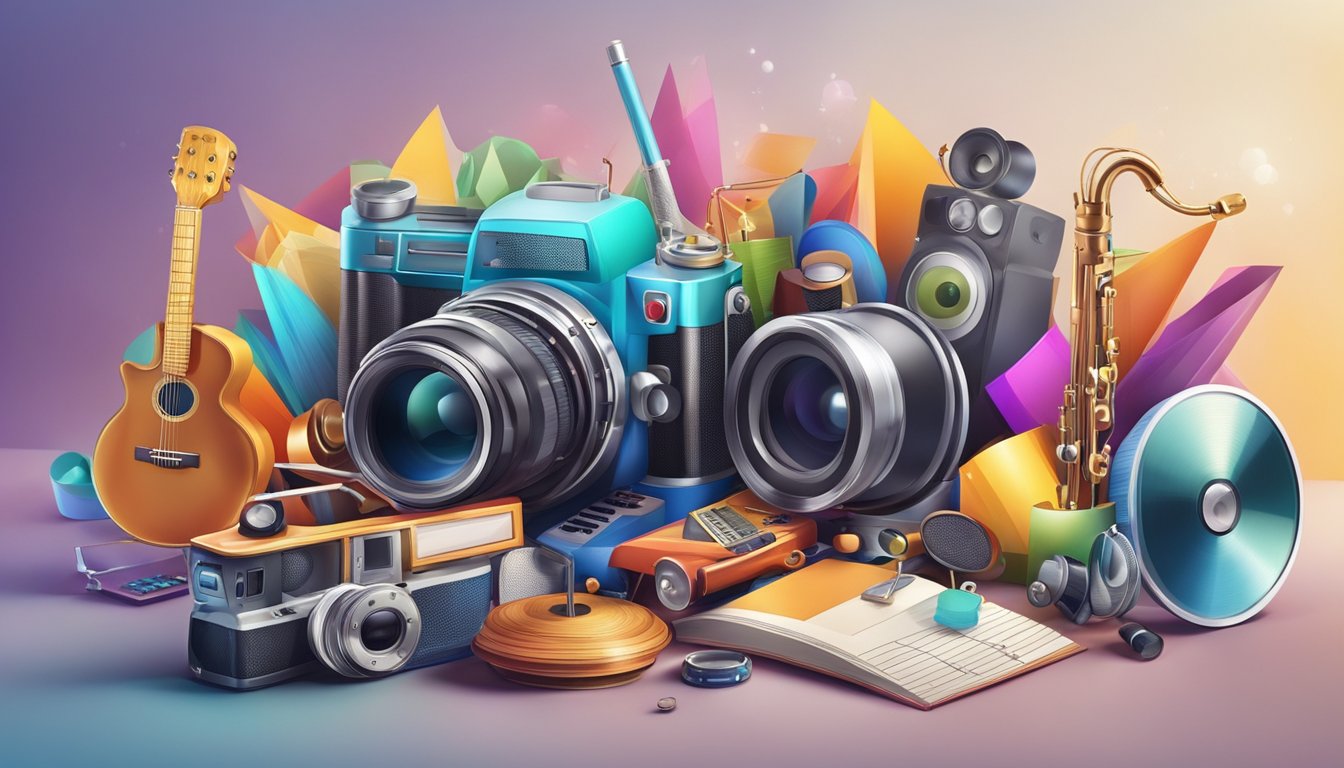 A colorful assortment of entertainment-related objects, such as a camera, microphone, film reel, and musical instruments, are arranged in a dynamic composition