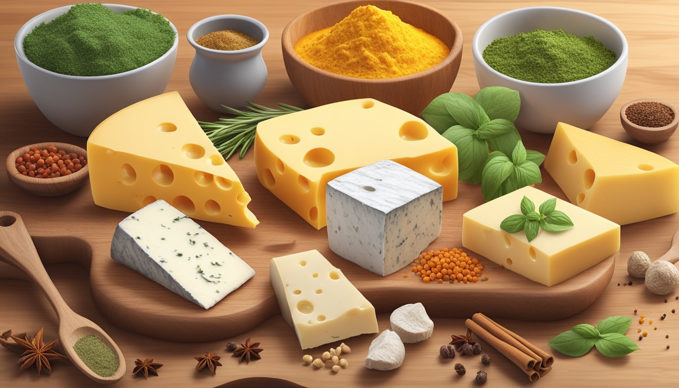 A variety of cheese substitutes arranged on a wooden cutting board with colorful spices and herbs scattered around them