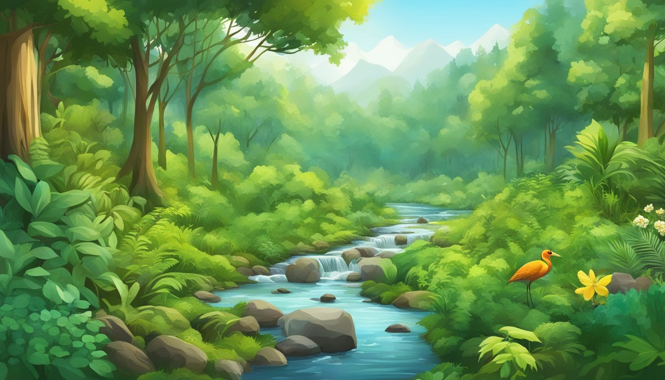 A lush green forest with a clear stream running through it, surrounded by diverse wildlife and a variety of plant life