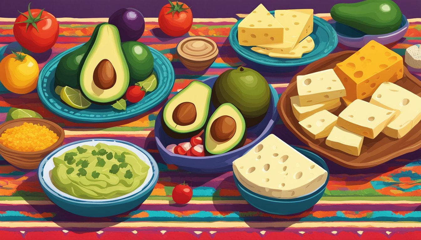 A colorful array of traditional Mexican ingredients, including avocados, tomatoes, and various types of cheese substitutes, arranged on a vibrant tablecloth