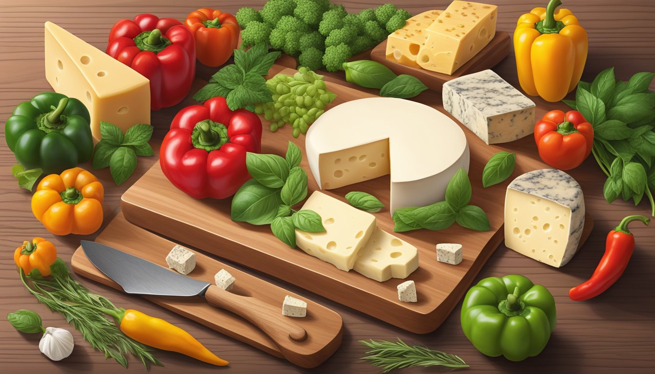 A colorful array of non-dairy and vegan cheese alternatives arranged on a wooden cutting board, surrounded by vibrant peppers and herbs