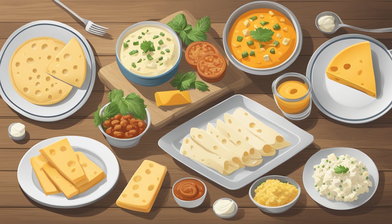 A variety of cheese options displayed on a wooden table, including cheddar, mozzarella, and feta, with a plate of enchiladas in the background