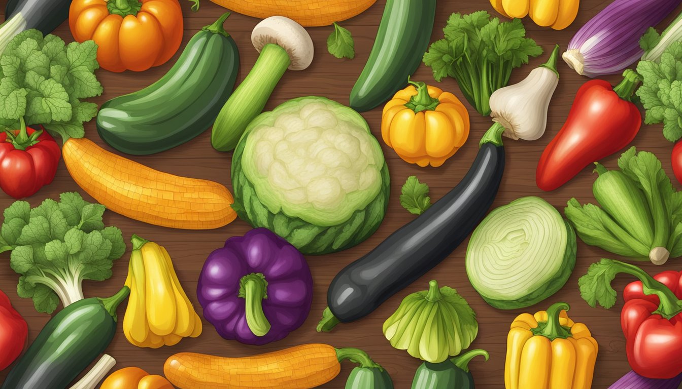 A variety of vegetables, including zucchini, bell peppers, and mushrooms, arranged on a wooden cutting board