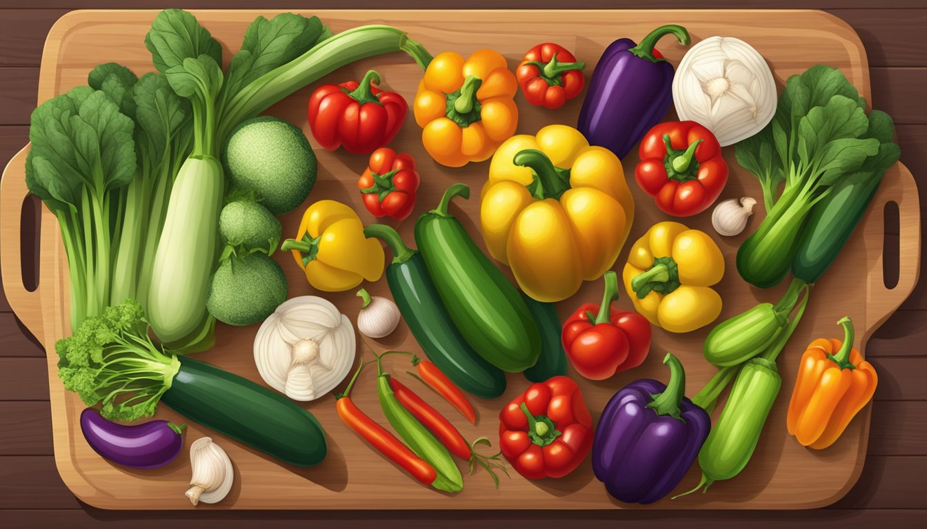 A variety of colorful vegetables arranged on a wooden cutting board, including zucchini, bell peppers, and mushrooms, with an eggplant placed in the center