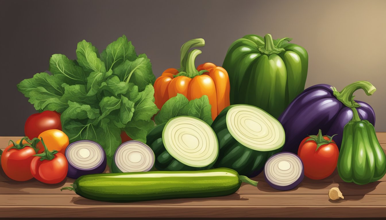 Fresh vegetables arranged on a wooden table, including zucchini, bell peppers, and tomatoes. A variety of eggplant substitutes are displayed in a rustic setting