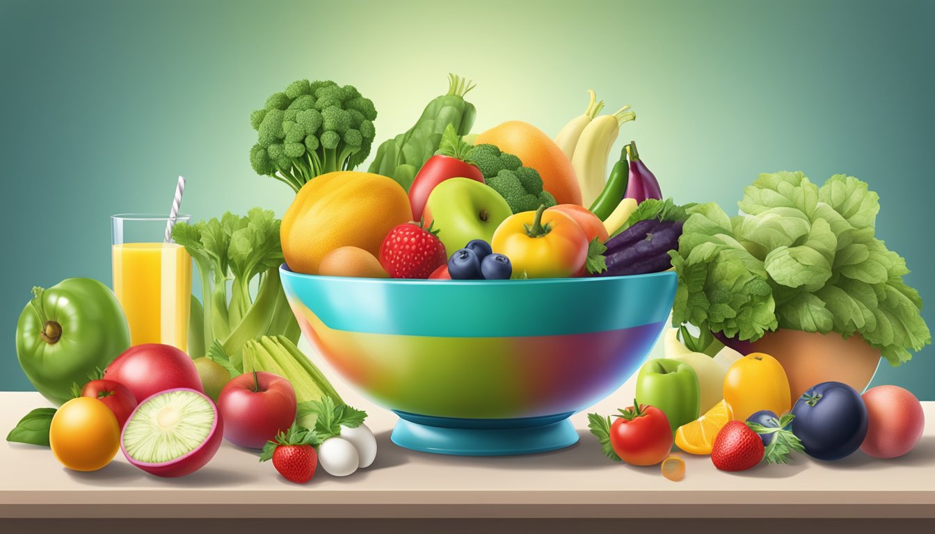 A variety of fresh and colorful fruits and vegetables surround a bowl of egg substitutes, highlighting the vibrant flavors and nutritional benefits