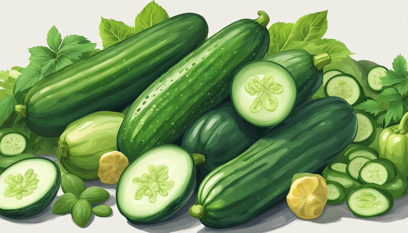 A pile of English cucumbers surrounded by various potential substitutes such as zucchinis, regular cucumbers, and green bell peppers