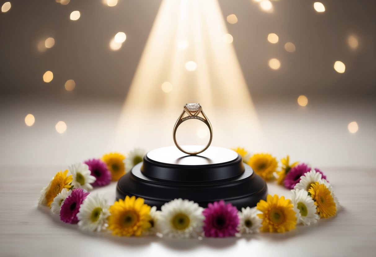 A ring on a pedestal, surrounded by a circle of flowers and a beam of light shining down from above