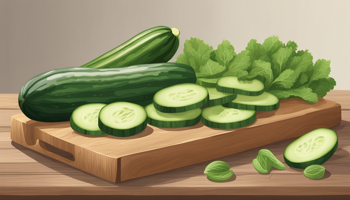 A variety of vegetable alternatives to English cucumbers displayed on a wooden cutting board