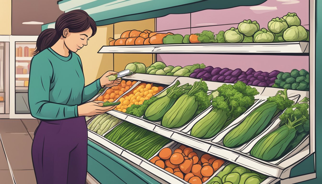 A person comparing prices of different vegetables to use as substitutes for eggplant in a grocery store