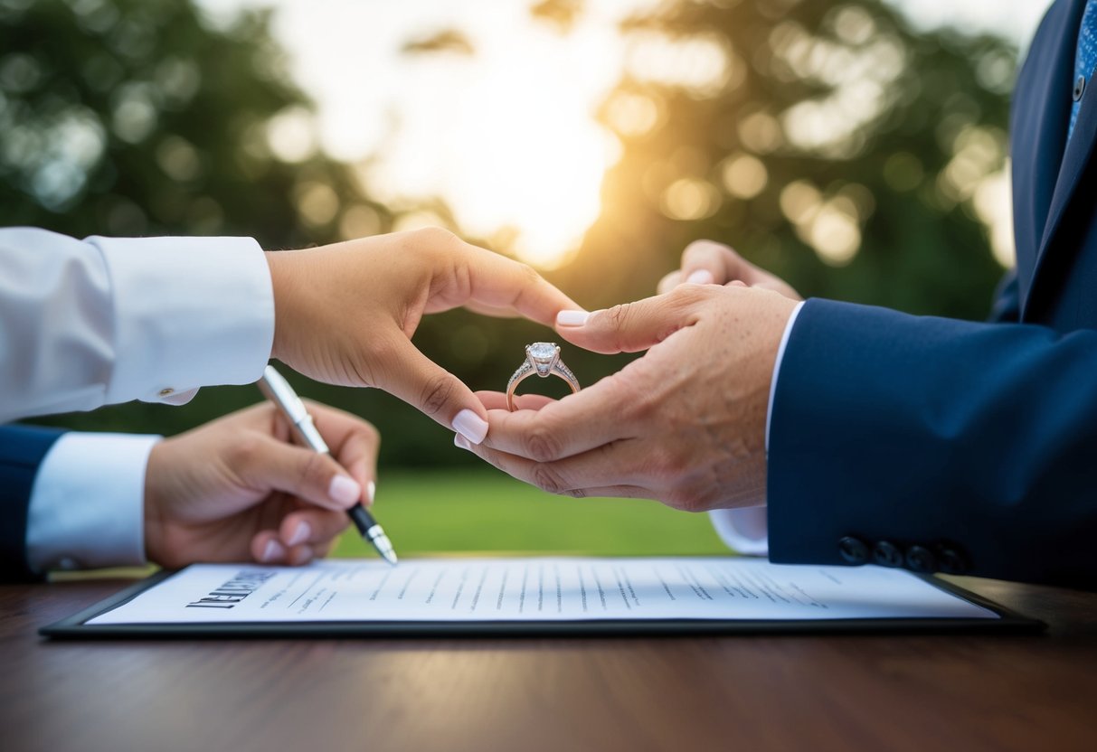 A wedding ring being exchanged between two people from different cultural backgrounds, with a legal document being signed in the background
