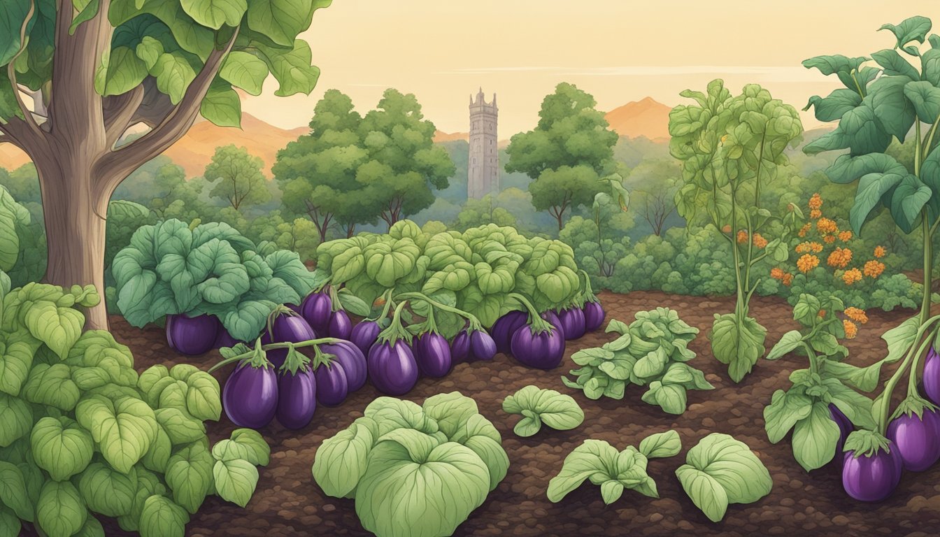 A lush garden with various eggplant substitutes growing, surrounded by healthy soil and thriving wildlife