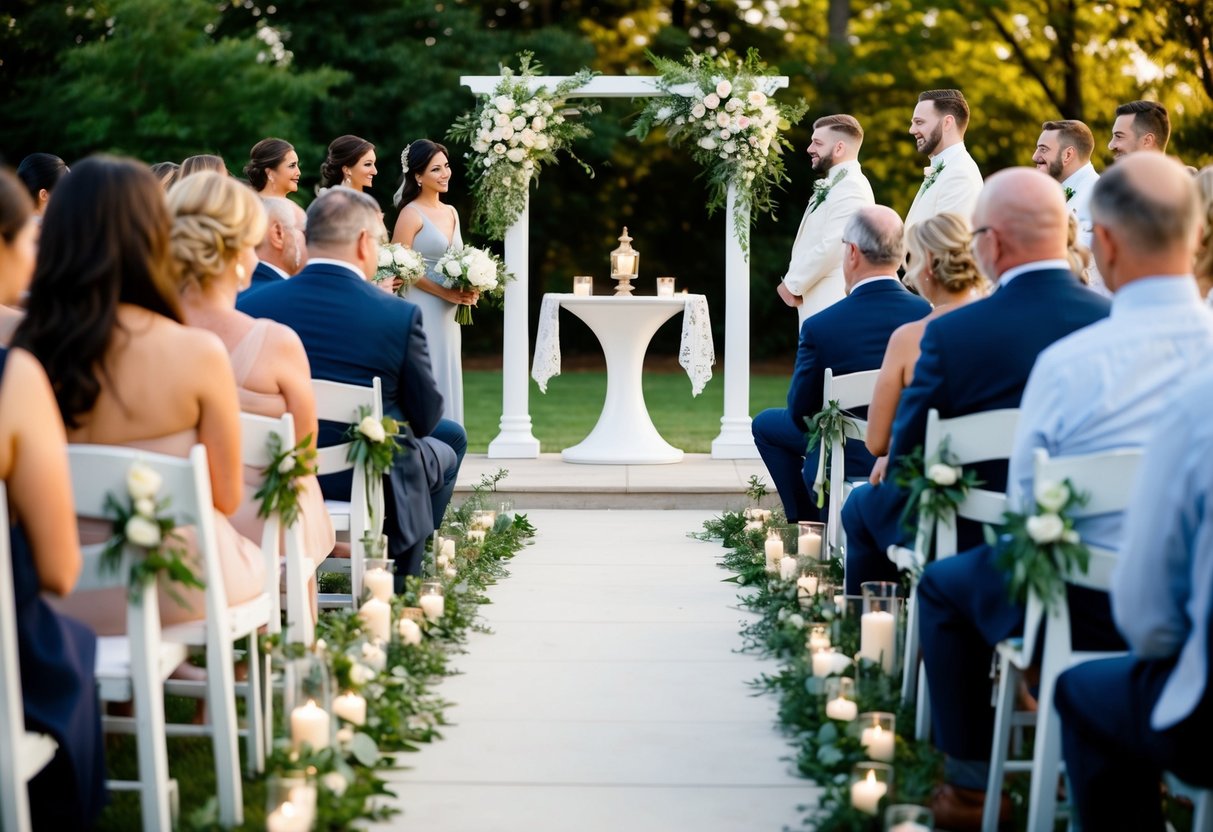 A serene outdoor wedding ceremony with a decorative altar and seating for guests