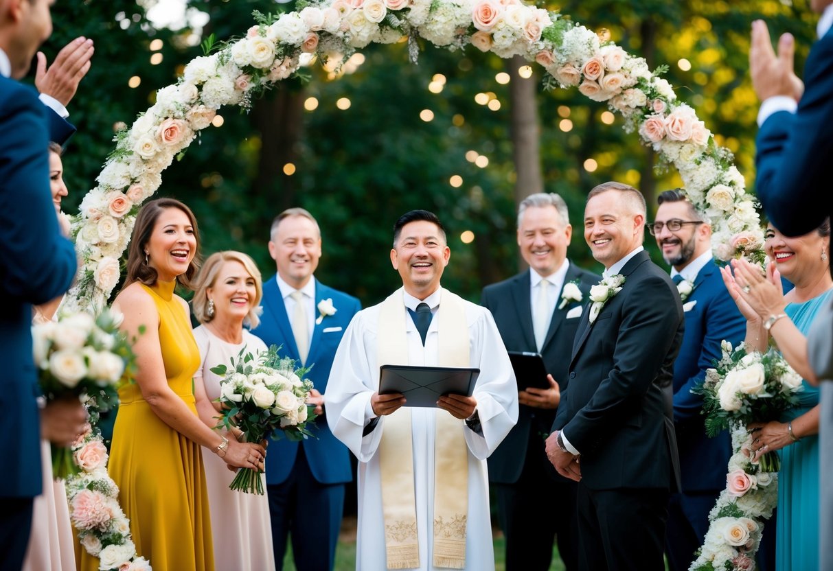 A wedding celebrant officiates a ceremony, standing at the center of a circle of flowers and surrounded by joyful guests