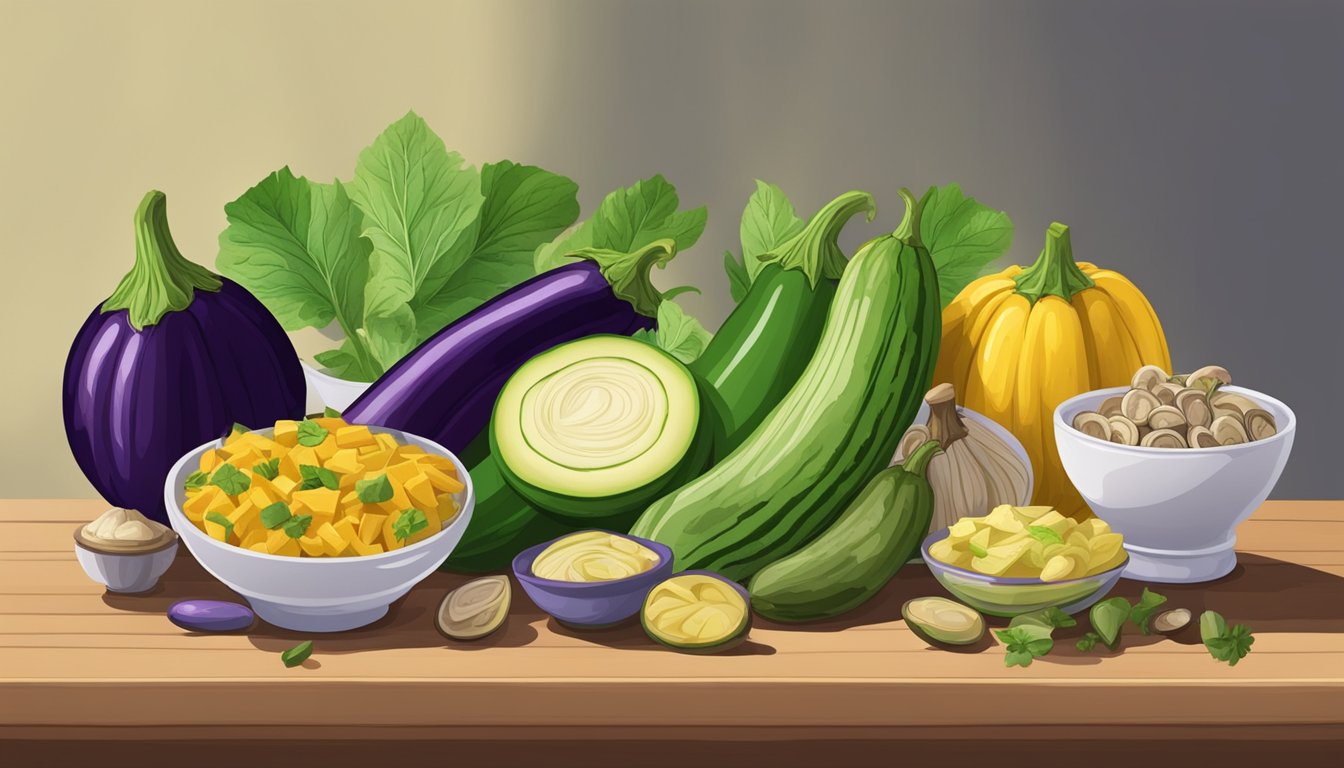 A table set with various eggplant substitutes from different cultures, such as zucchini, plantains, and mushrooms, arranged in a colorful and artistic display