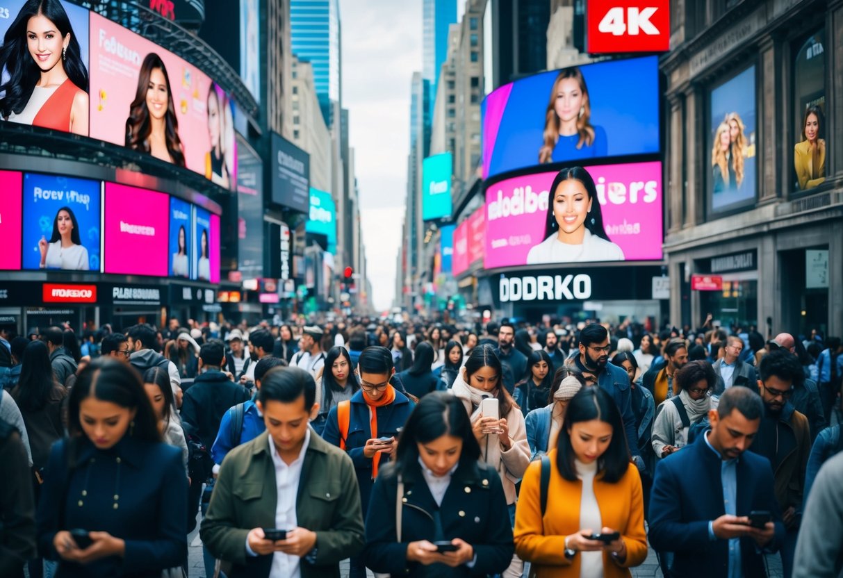 A crowded city street with billboards and screens displaying images of celebrities and influencers, while people walk by absorbed in their phones