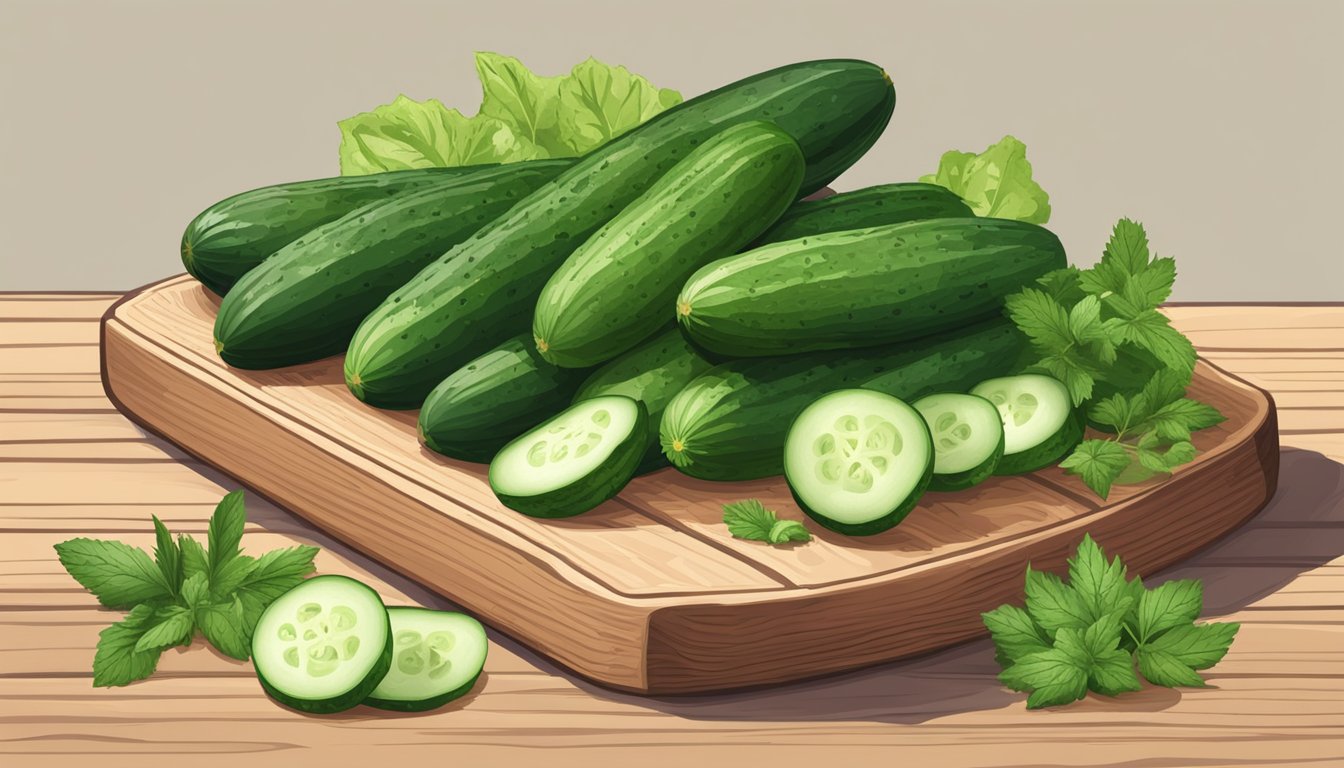 A pile of fresh English cucumbers and various leafy herbs on a wooden cutting board