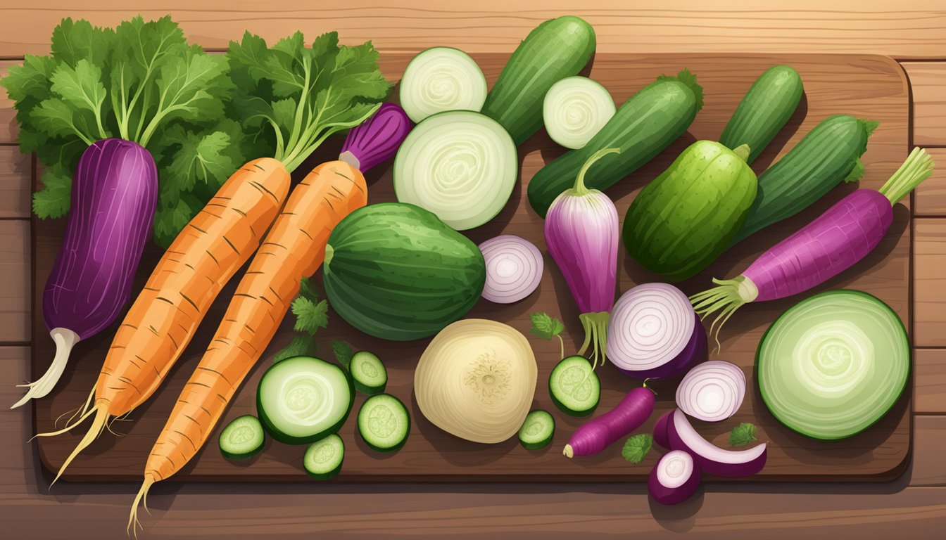 A variety of root vegetables and English cucumbers arranged on a wooden cutting board