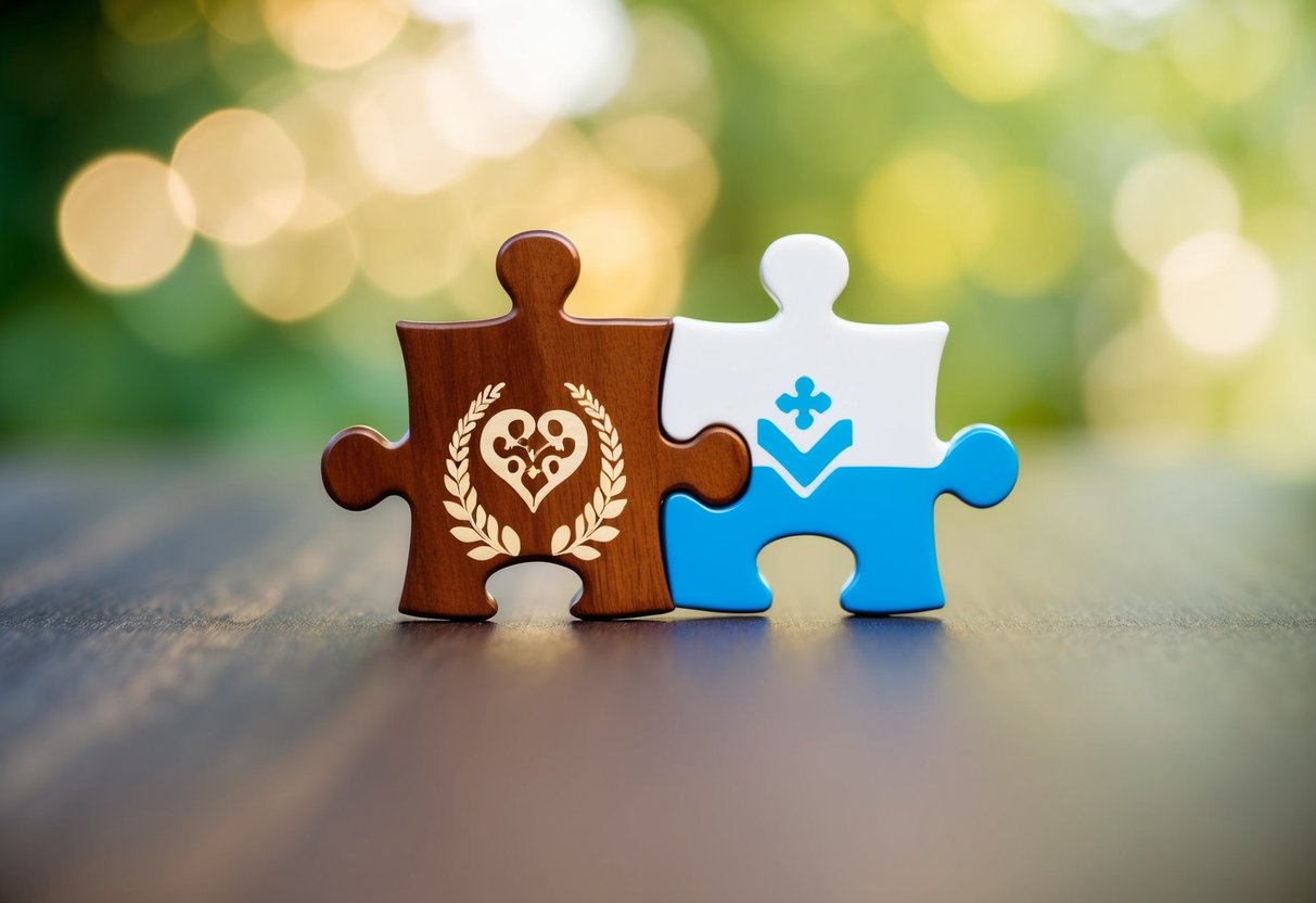 A pair of interlocking puzzle pieces, one with a traditional wedding symbol and the other with a modern symbol, representing innovative marriage initiatives