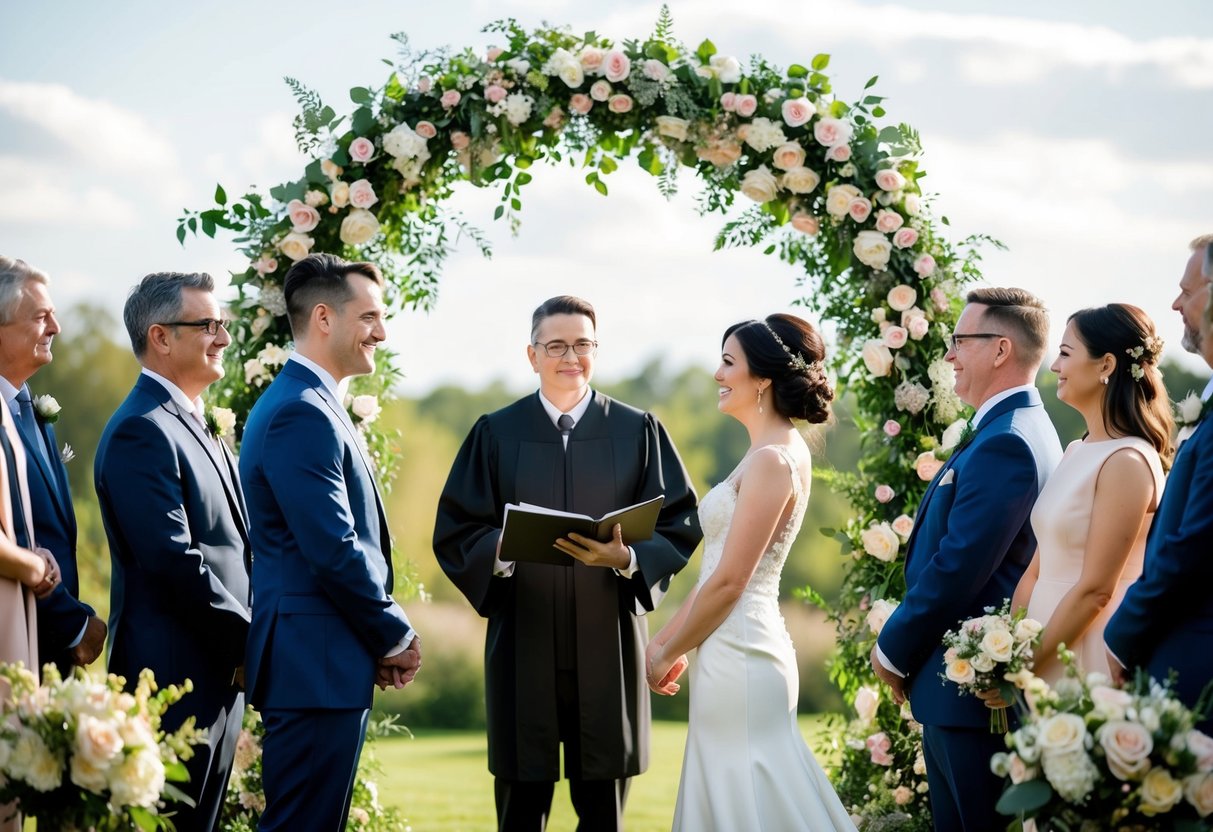A couple stands beneath a floral arch, surrounded by family and friends. An officiant presides over the ceremony, speaking words of love and commitment