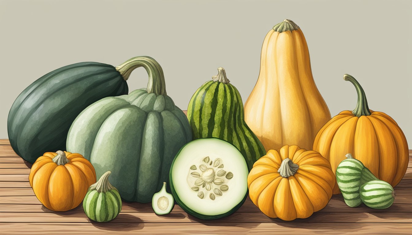 A colorful assortment of gourds and squash arranged on a wooden table, with an English cucumber placed next to them as a substitute