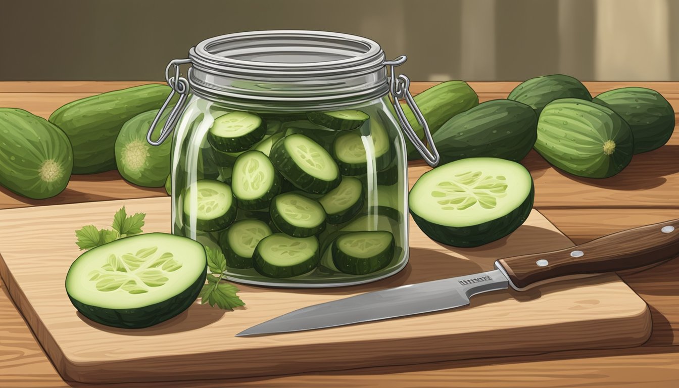 A jar of pickled and fermented English cucumber substitutes on a wooden cutting board with a knife beside it