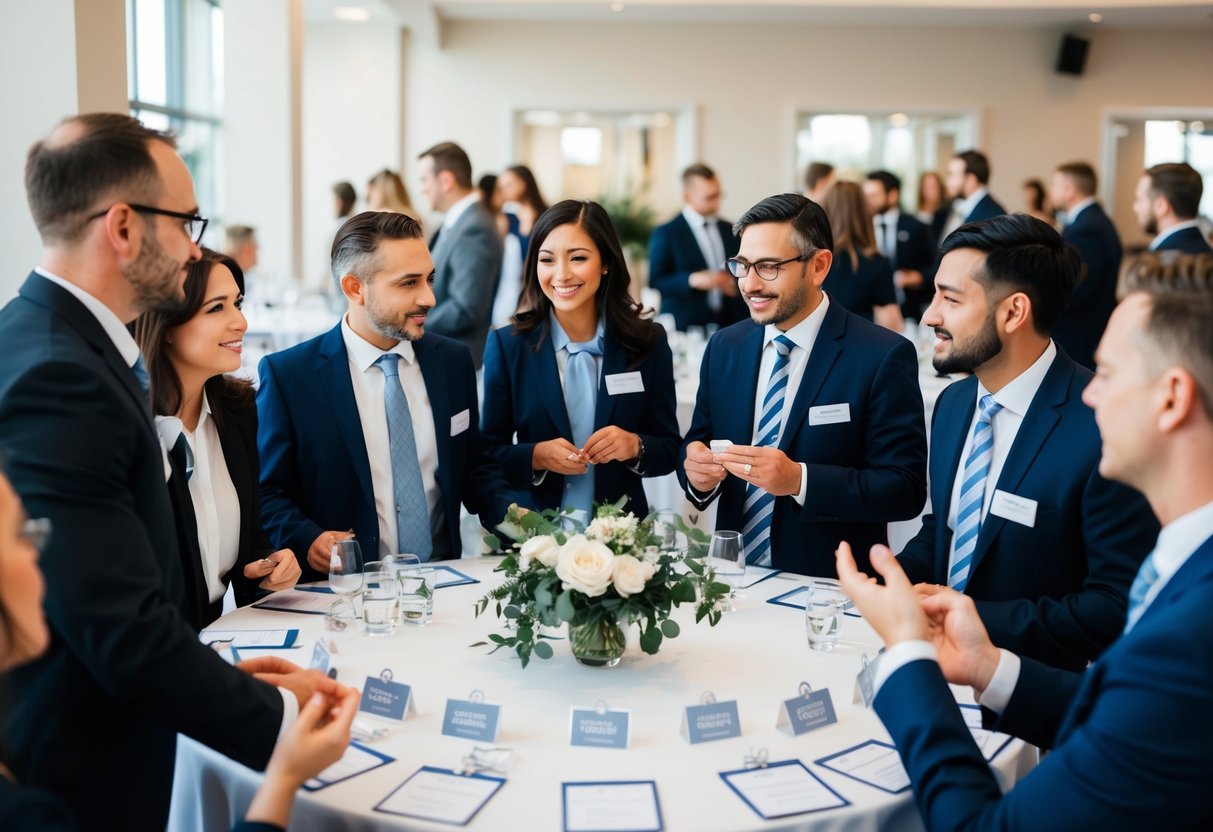 A group of professionals gather at a networking event, discussing the possibility of becoming a wedding celebrant. Tables are adorned with name tags and business cards
