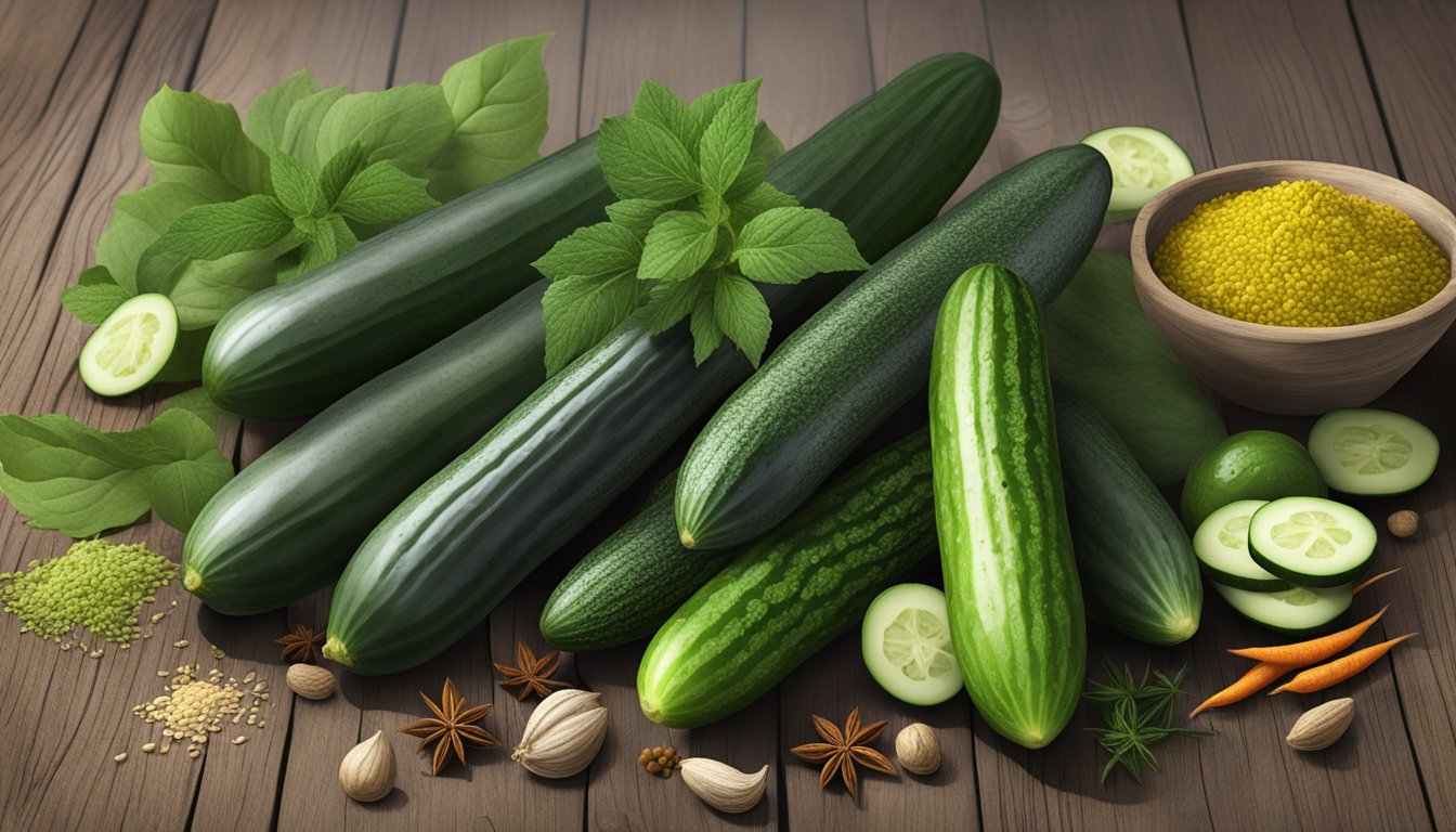 A variety of non-English cucumbers displayed on a rustic wooden table, surrounded by exotic herbs and spices